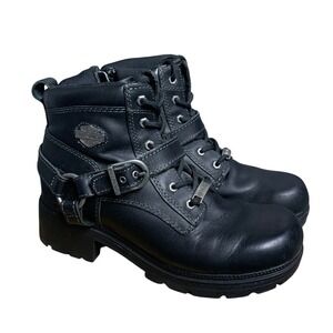 Harley-Davidson Womens Black Leather Harness Biker Boots Side Zip Block Heel